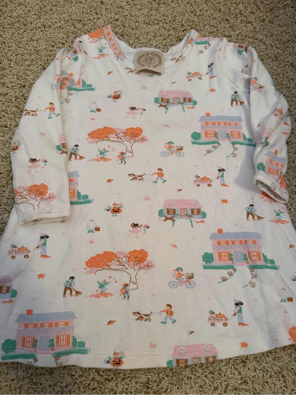 The Beaufort Bonnet Company Cream Pajama Top with Orange and Green Village Print